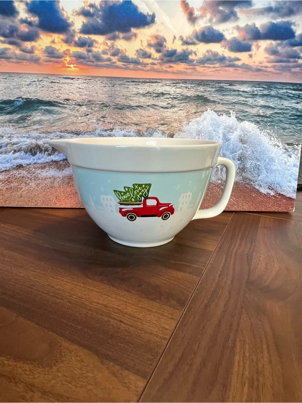 Ceramic Holiday Mixing Bowl with Red Truck Design - Light Blue & White
